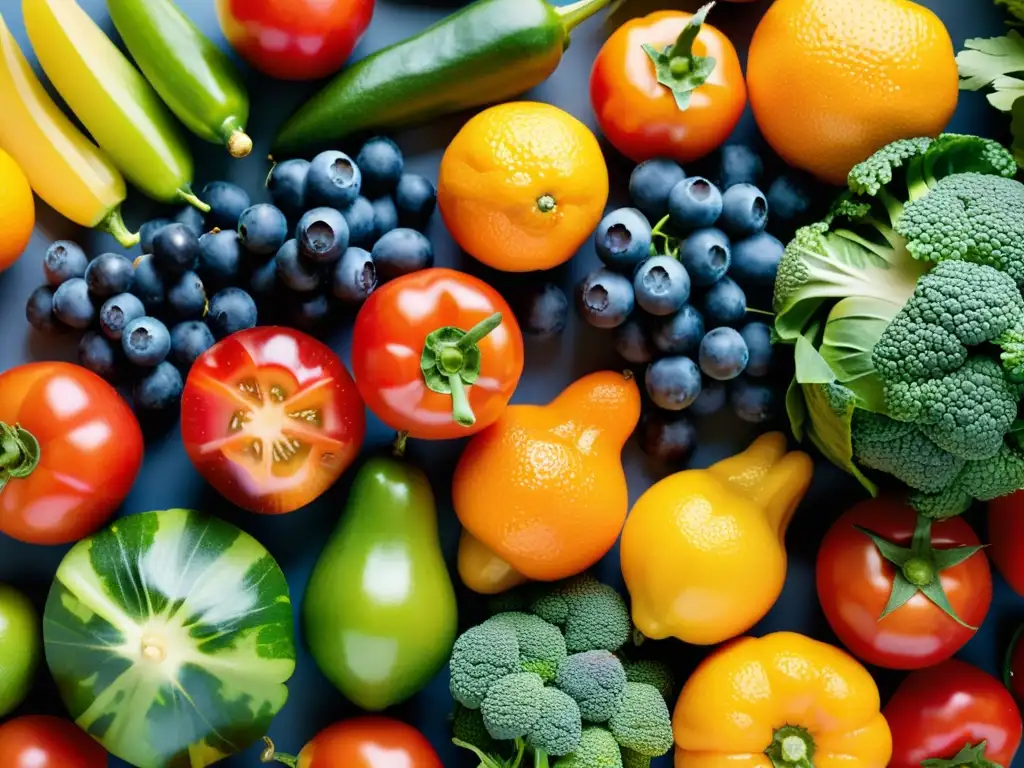 Delicioso banquete de frutas y verduras frescas Una vibrante exhibición de frutas y verduras frescas resalta la importancia de los alimentos potenciadores del sistema inmunológico