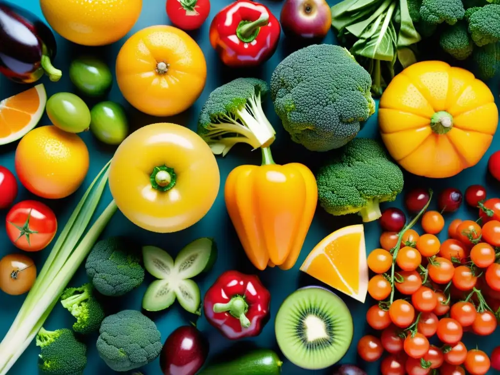 Patrón vibrante de frutas y verduras frescas Una vibrante exhibición de frutas y verduras frescas destacando la importancia de la nutrición en el sistema inmunológico