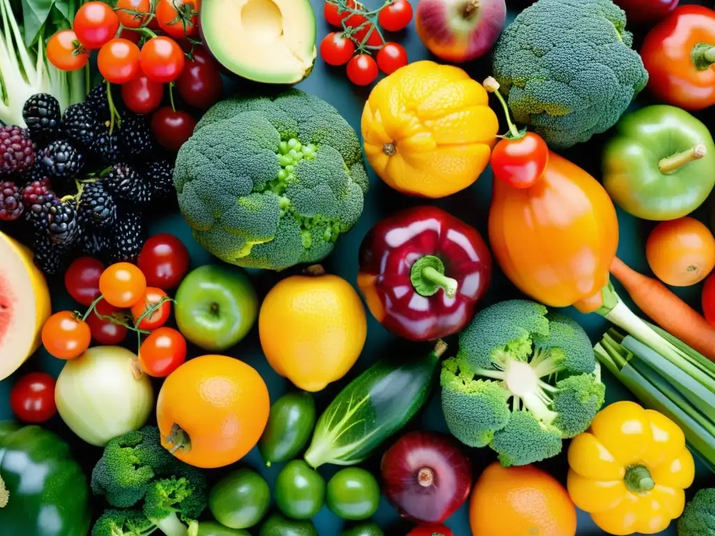 Vibrante exhibición de frutas y verduras para salud inmune Una vibrante exhibición de frutas y verduras, resaltando la importancia del coaching para el sistema inmunológico en la tercera edad