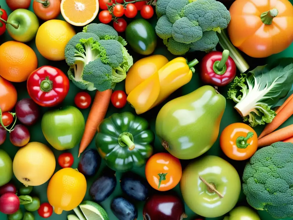 Exuberante variedad de frutas y verduras frescas Una vibrante exhibición de frutas y verduras frescas que promueven la nutrición y ejercicio para el sistema inmune