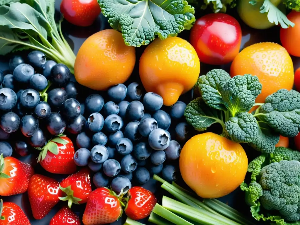 Arcoíris de Frutas y Verduras Frescas: Nutrición Vibrante Una vibrante exhibición de frutas y verduras frescas, resaltando los ritmos biológicos y el sistema inmunológico
