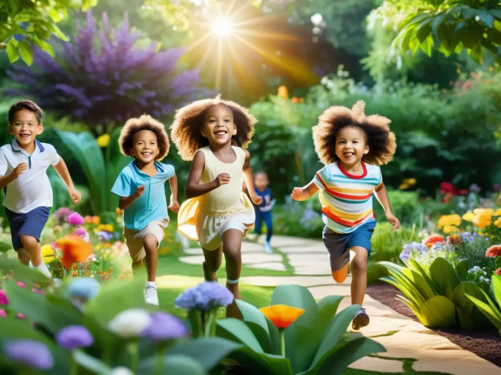 Vibrante jardín con niños felices jugando al aire libre, fortaleciendo su sistema inmunológico