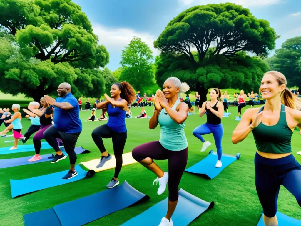 Un vibrante grupo disfruta una clase de fitness al aire libre mientras promueve un sistema inmunológico fuerte