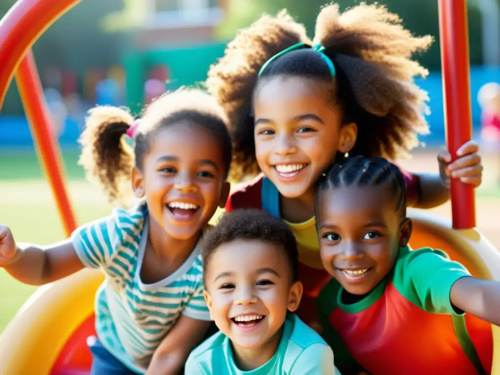 Niños felices disfrutando juntos en un parque vibrante Un vibrante grupo de niños jugando con alegría en un parque soleado, mostrando diversidad y vitalidad