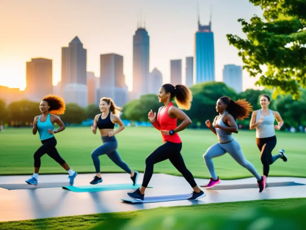 Actividades físicas en el parque urbano al atardecer Un vibrante grupo de personas de diferentes edades disfruta de actividades físicas al atardecer en un parque urbano, irradiando vitalidad y energía