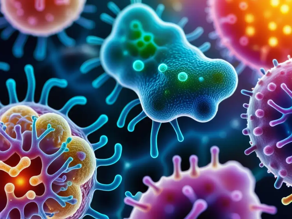 Bacterias probióticas: la vibrante sinfonía del microbioma intestinal Un vibrante grupo de probióticos en el complejo entorno del microbioma intestinal, iluminados y beneficiosos para el sistema inmunológico