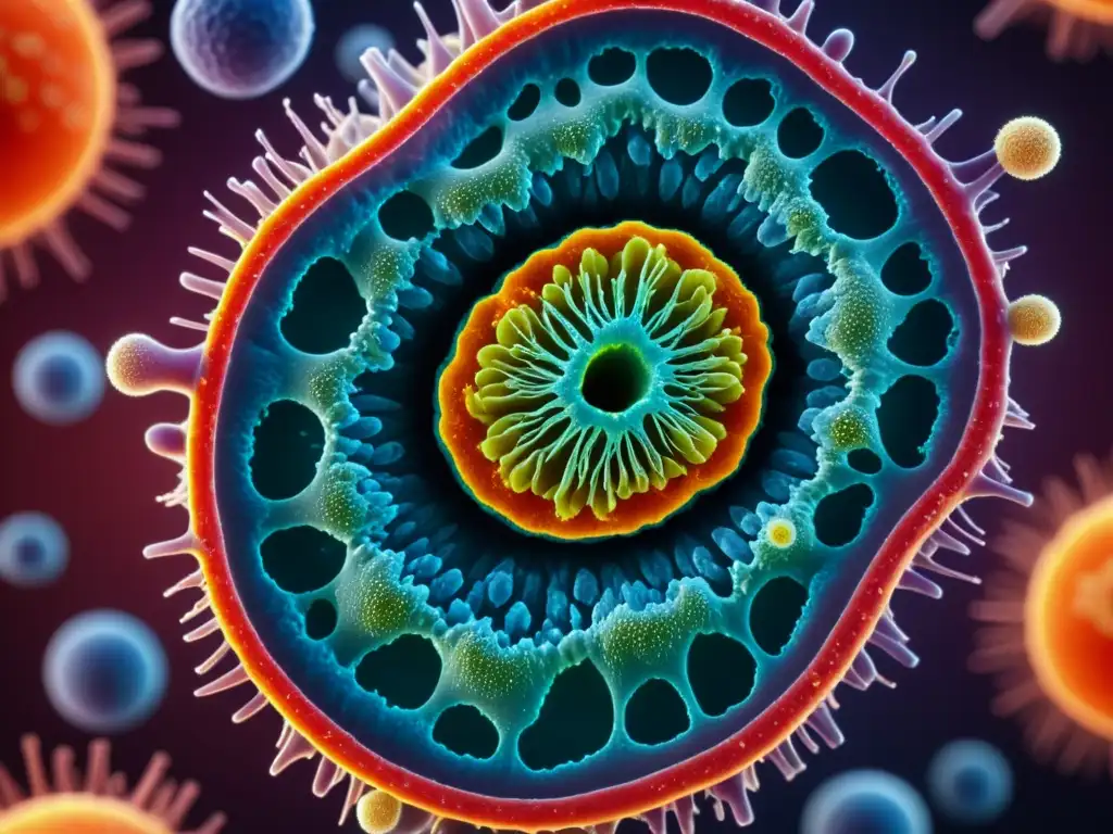 Microscopio revela célula sana rodeada de antioxidantes Vibrante célula humana bajo microscopio, rodeada de antioxidantes