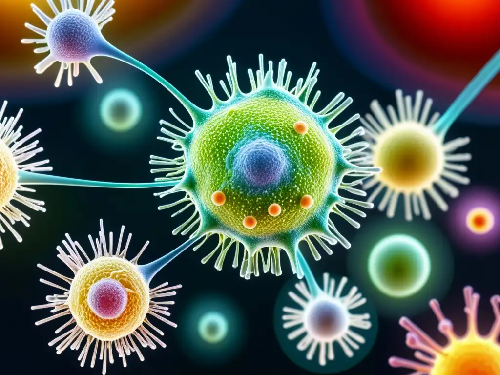 Acción de células asesinas naturales: detalle impresionante Vibrante imagen de células asesinas naturales en acción, destacando su conexión genética y su importancia en el sistema inmune