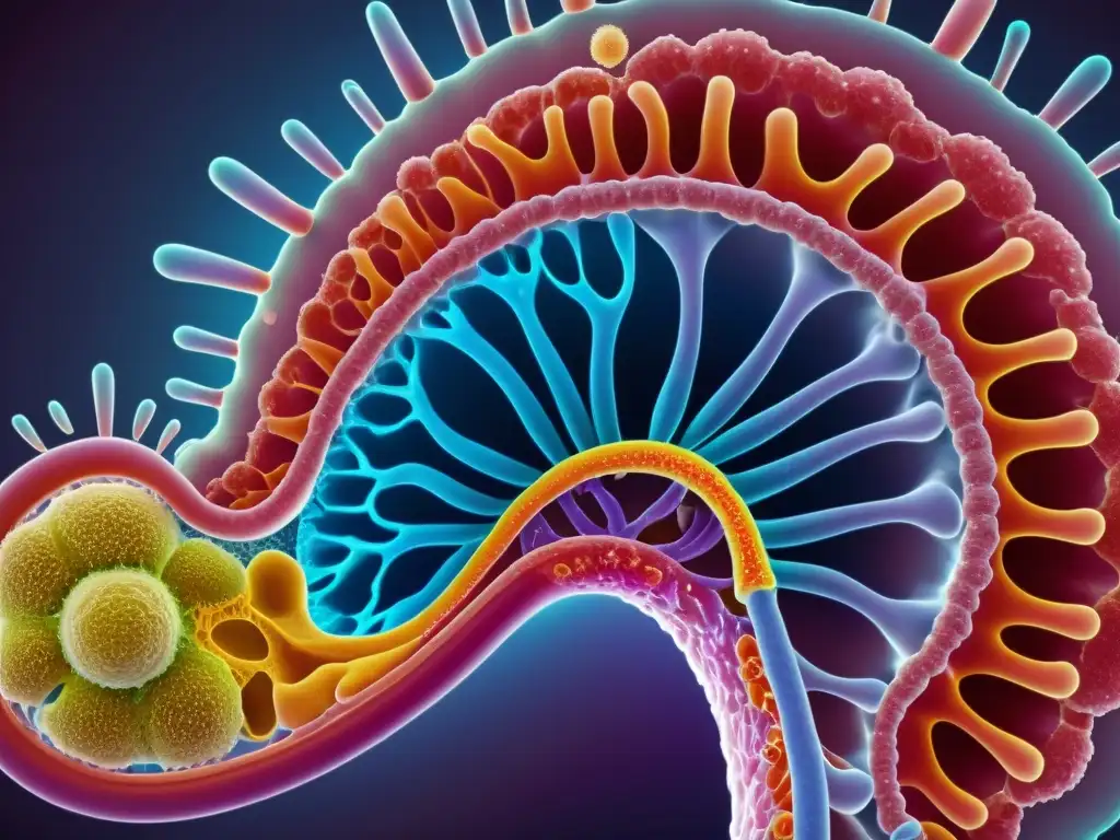 Fascinante microbiota y sistema inmune en 8k Vibrante imagen 8k muestra la compleja relación entre la microbiota y el sistema inmunológico, resaltando su interacción para fortalecer la salud