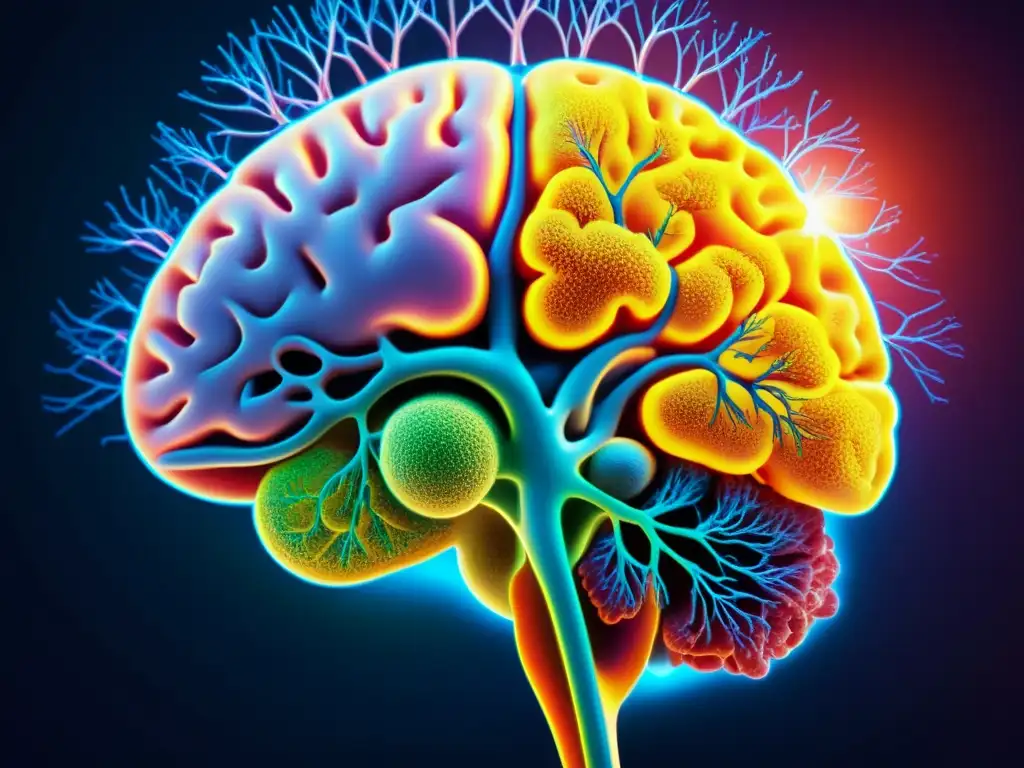 Complejidad inmune del síndrome de fatiga crónica Vibrante imagen detallada del cerebro humano, mostrando la compleja relación entre Síndrome de Fatiga Crónica y el sistema inmune