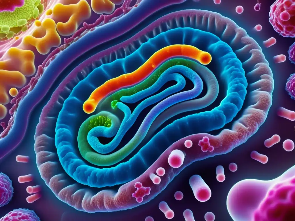 Microbiota intestinal vibrante: red de bacterias en acción Vibrante imagen detallada de microbiota en intestino humano