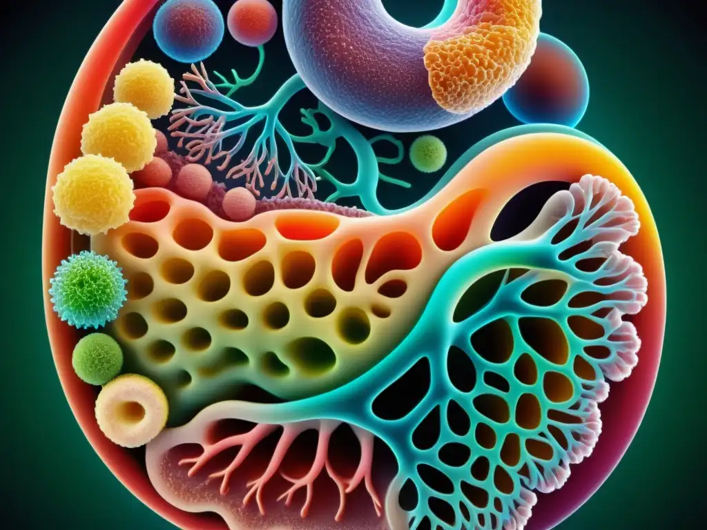Microbiota intestinal: Ecosistema vital en 8k Vibrante imagen 8k de la microbiota intestinal, destacando su importancia en la salud