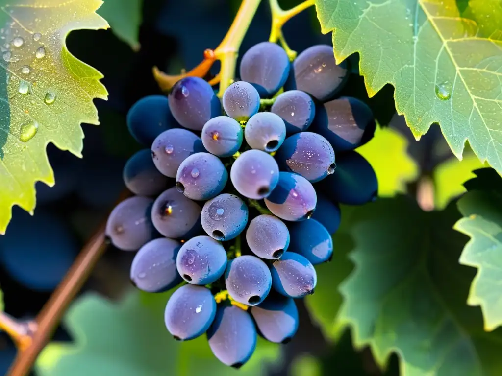 Semillas de uva púrpura: detalle y frescura Vibrante imagen de semillas de uva morada con gotas de rocío, hojas verdes y luz solar entre las sombras