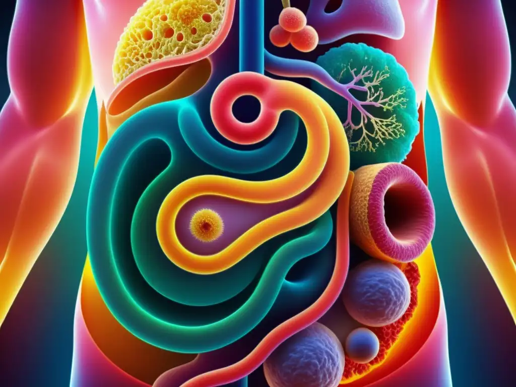 Microbiota intestinal: La clave de la salud Vibrante imagen 8k del sistema digestivo humano resaltando la importancia de la microbiota intestinal para la salud general