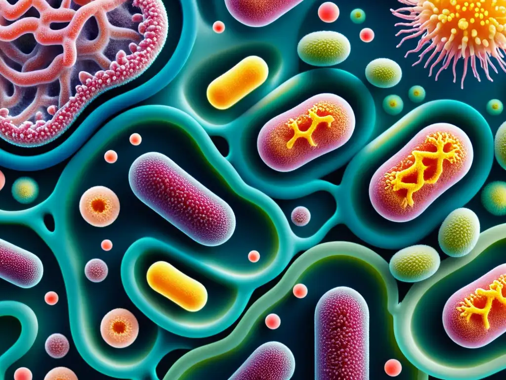 Microbiota vibrante: el complejo mundo de los probióticos Vibrante e intrincado ecosistema de bacterias beneficiosas para sistema inmunológico, en estilo abstracto moderno