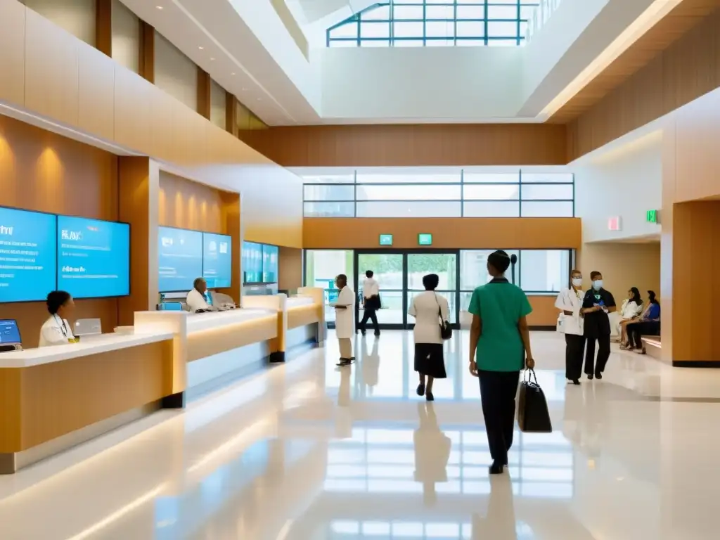 Vitalidad multicultural en moderno lobby hospitalario Vibrante lobby hospitalario con diseño moderno y diversidad de personas