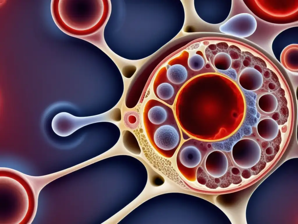 Proceso anormal de destrucción de glóbulos rojos en la médula ósea Vibrante ilustración de la médula ósea detallando el proceso de destrucción de glóbulos rojos en la anemia hemolítica autoinmune
