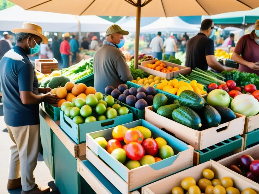Mercado saludable y comunitario con frutas y verduras frescas Vibrante mercado con frutas, verduras y actividades al aire libre