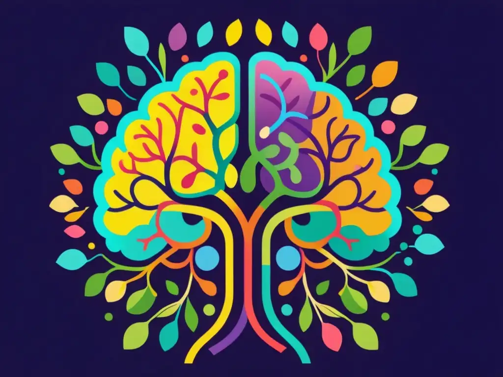 Conexiones mentales y defensas naturales: una ilustración vibrante Vibrante ilustración moderna de un cerebro rodeado por defensas naturales, simbolizando la conexión entre salud mental y sistema inmunológico