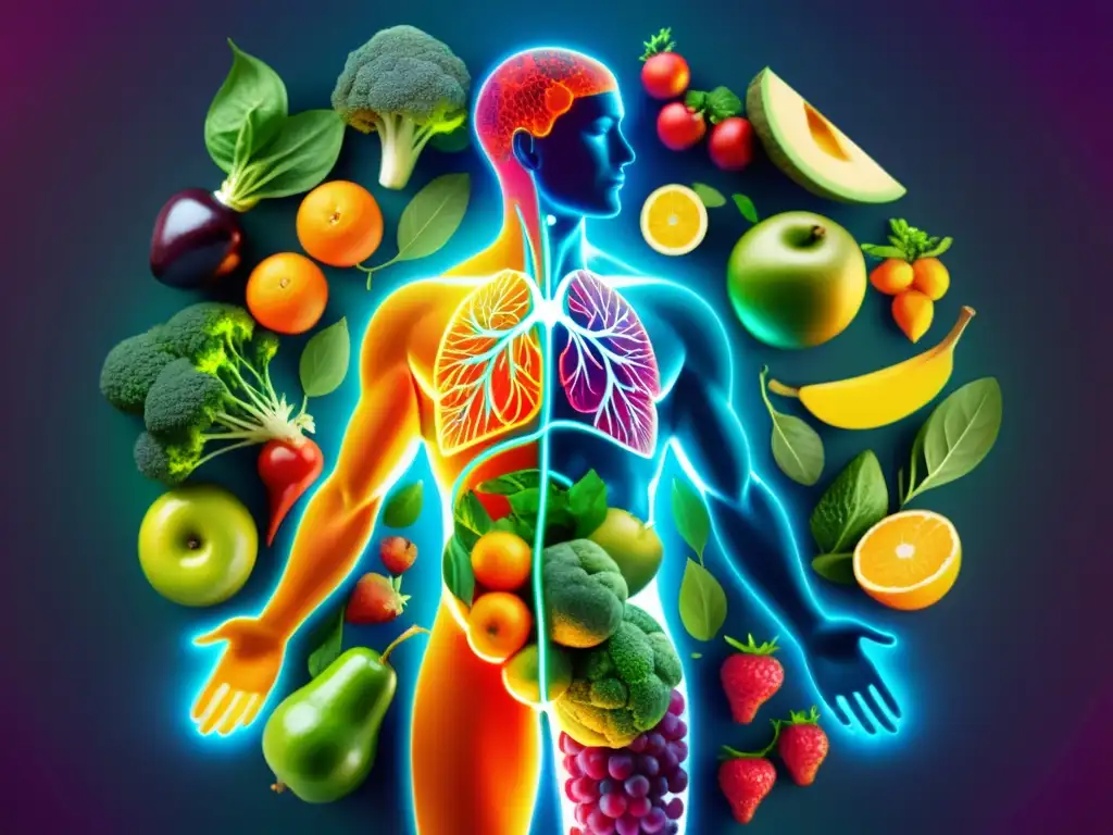 Ilustración vibrante del sistema inmunológico y alimentos detox Una ilustración vibrante y moderna del cuerpo humano con líneas brillantes e interconectadas que representan el sistema inmunológico, rodeada de frutas, verduras y hierbas conocidas por sus propiedades detoxificantes