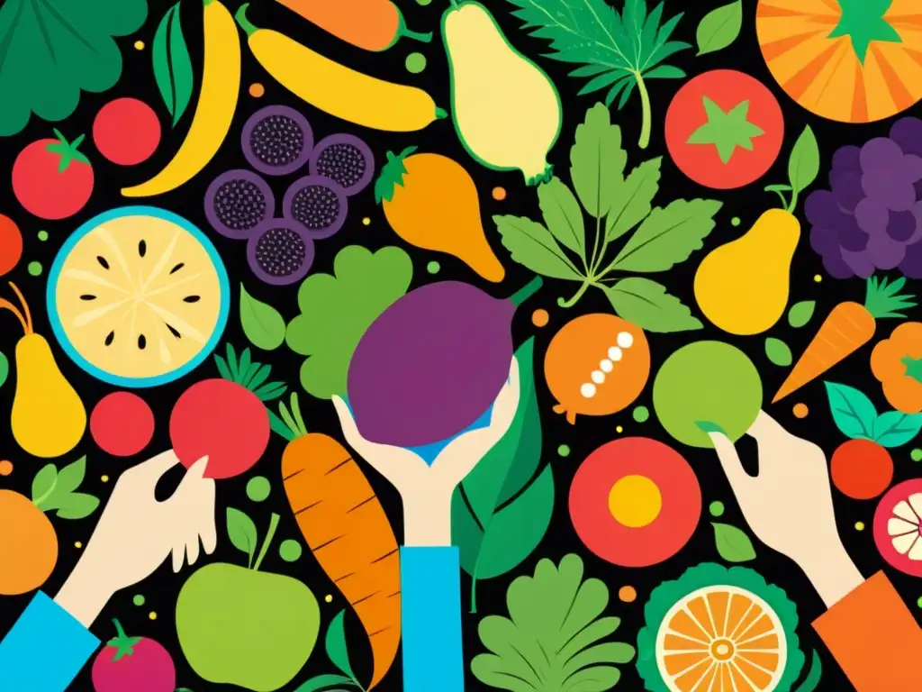 Personas saludables rodeadas de alimentos inmunoestimulantes Una ilustración vibrante y moderna de un grupo diverso de personas rodeadas de frutas y verduras coloridas, transmitiendo vitalidad y salud