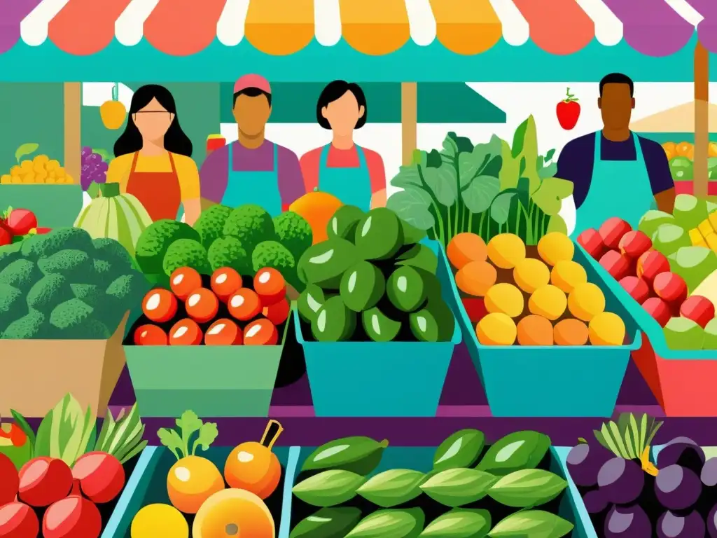 Empoderamiento a través de la nutrición: vibrante ilustración de diversidad y vitalidad en el mercado de agricultores Una ilustración vibrante y moderna de un grupo diverso sosteniendo frutas y verduras coloridas en un bullicioso mercado