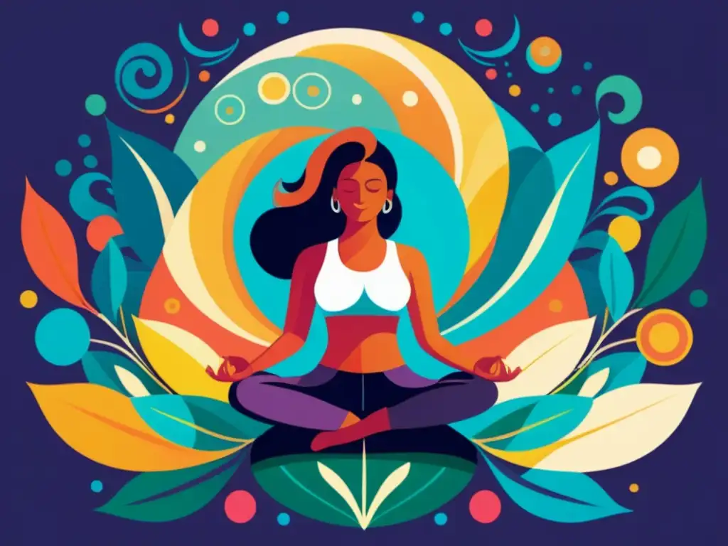 Una ilustración vibrante y moderna de una persona meditando en un entorno natural sereno, rodeada de patrones coloridos que representan la conexión entre la salud mental y la mejora de la inmunidad