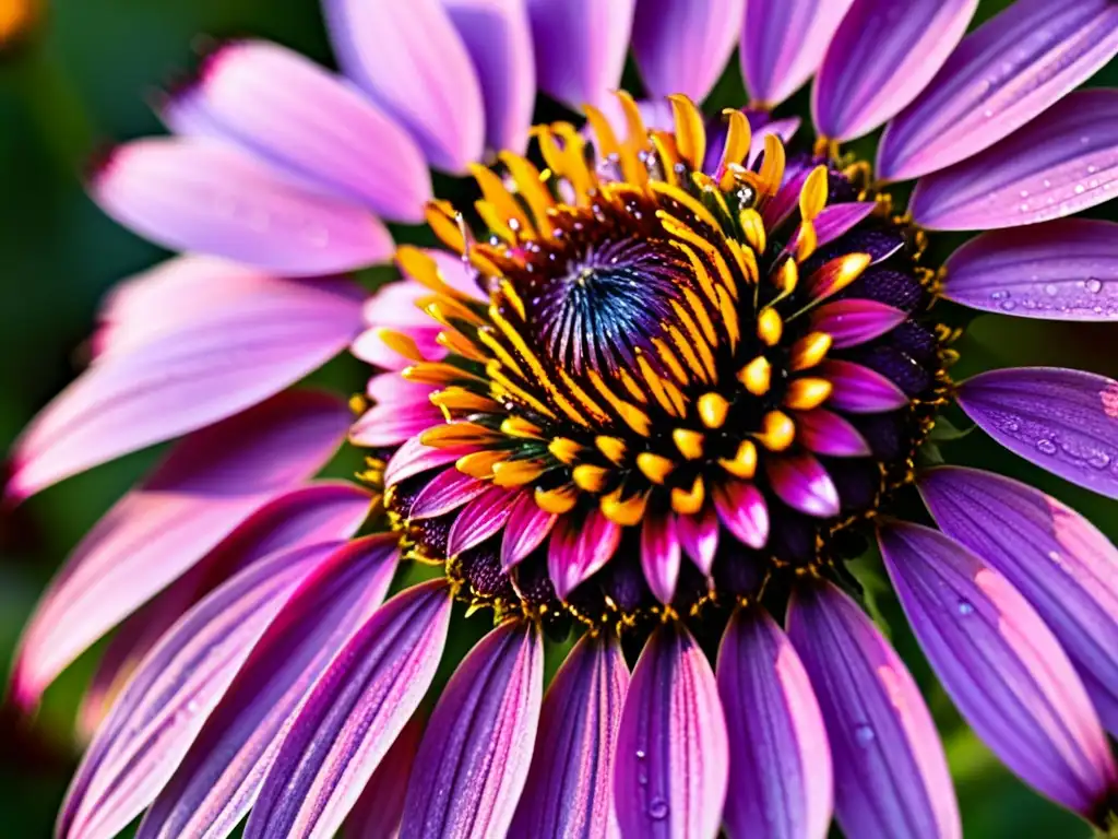 Detalles vibrantes de una equinácea morada con rocío Vibrante equinácea morada con rocío, detalle y atmósfera natural