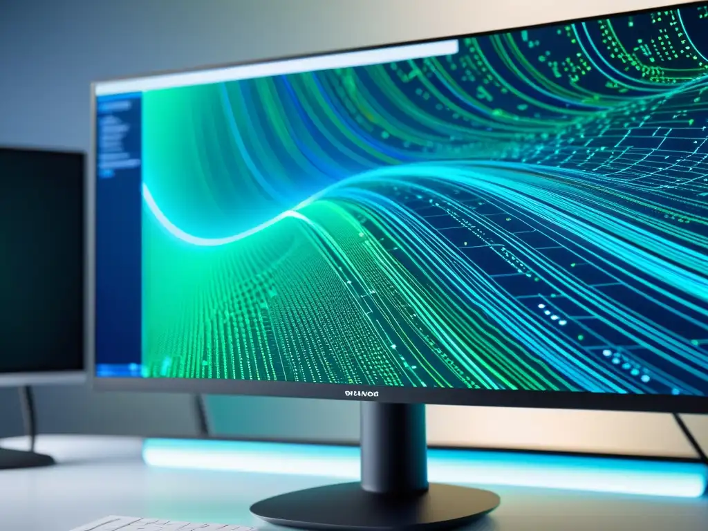 Algoritmo de IA para Inmunoterapia: Avance Tecnológico Vibrante pantalla de ordenador muestra algoritmo de inteligencia artificial, en entorno de trabajo minimalista