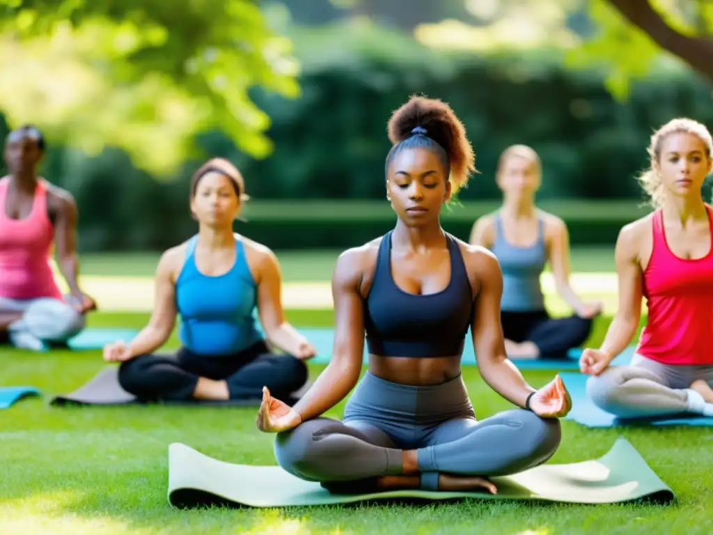Actividades físicas diversas en un parque soleado Un vibrante parque donde personas diversas practican yoga, corren y hacen boot camp, capturando el impacto del ejercicio físico en la inmunidad