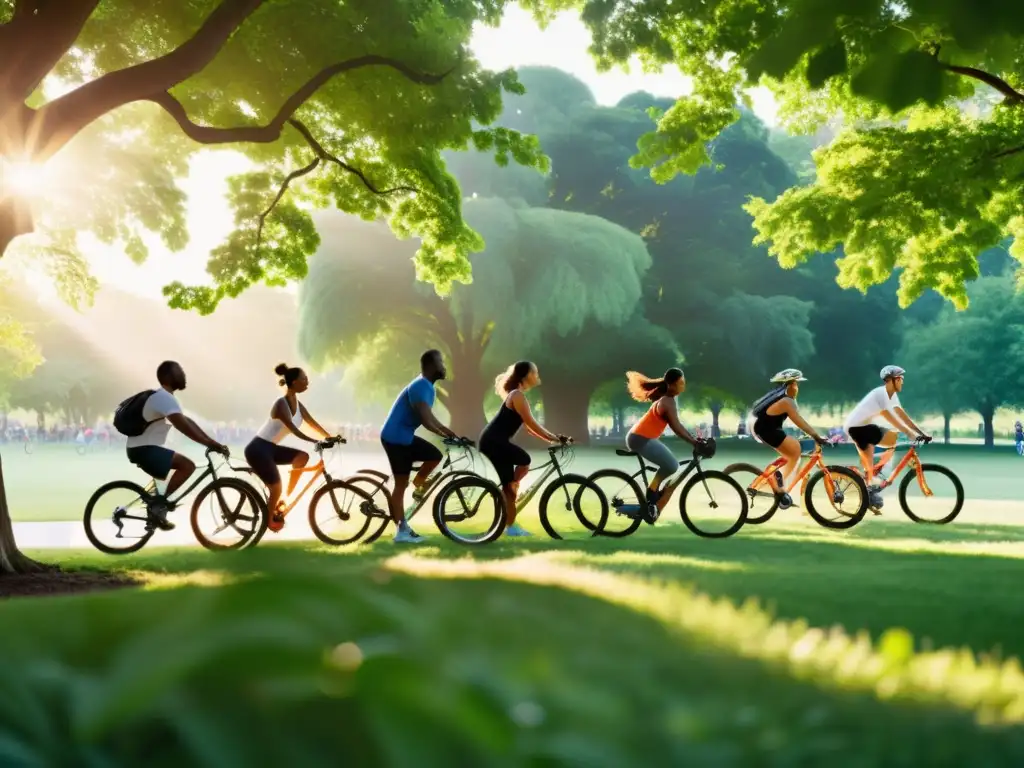 Vida activa en el parque: running, ciclismo, yoga Un vibrante parque verde donde personas diversas practican yoga, corren y montan bicicleta