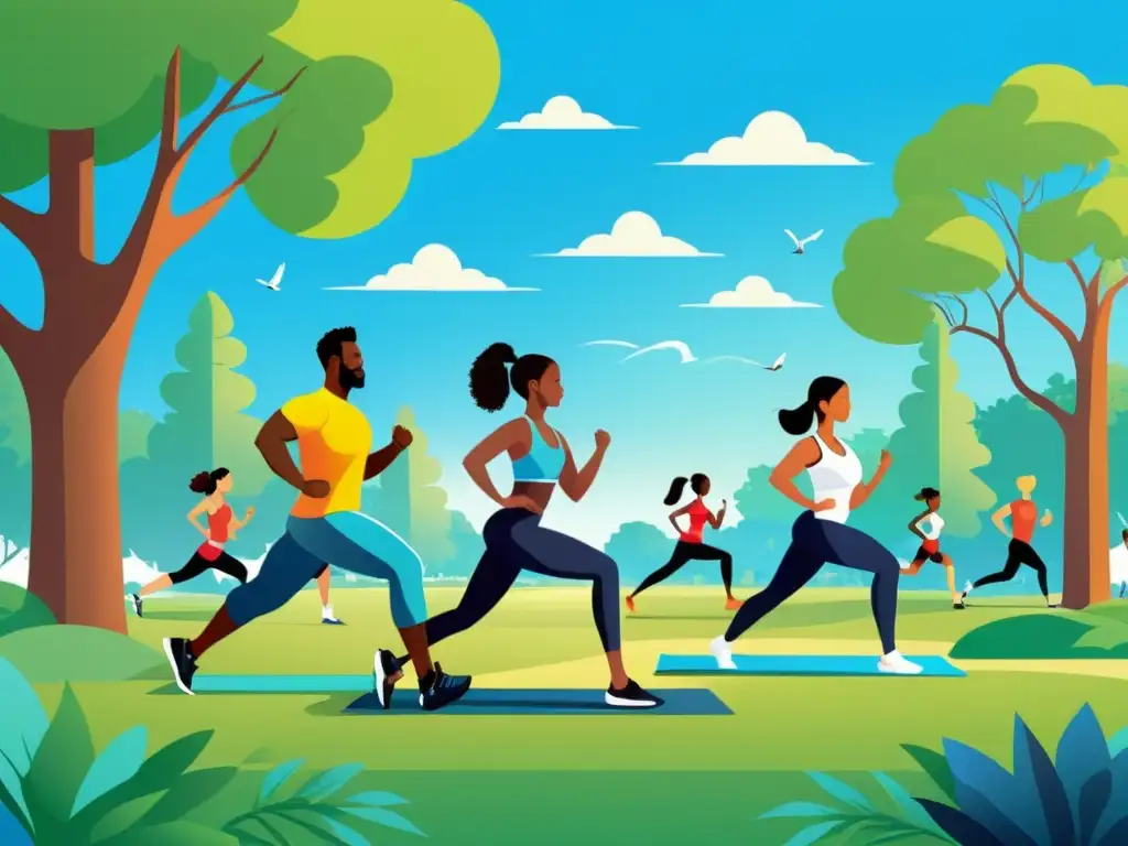 Vitalidad en el Parque: Ilustración de ejercicio y salud 'Ilustración digital vibrante de personas diversas haciendo ejercicio en un parque, irradiando vitalidad y fuerza