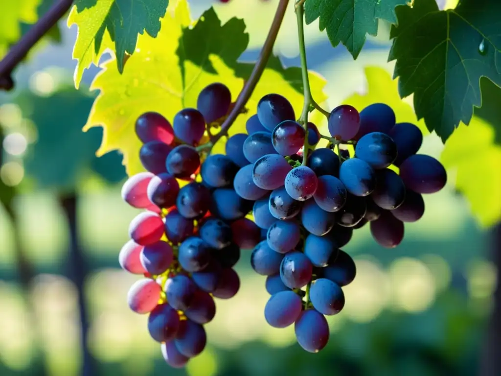 Uvas Moradas Frescas: Detalles Vibrantes Vibrante racimo de uvas moradas con beneficios antioxidantes extracto semilla uva, bañadas por la luz del sol entre hojas verdes
