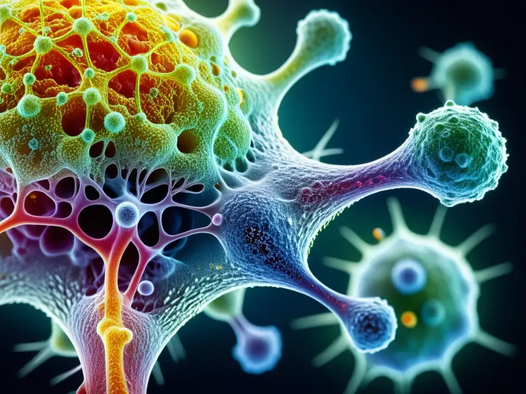 Red de Células Inmunes: Detalle Microscópico Vibrante red de células inmunes en el cuerpo humano, destacando la importancia de la actividad física en el sistema inmunológico