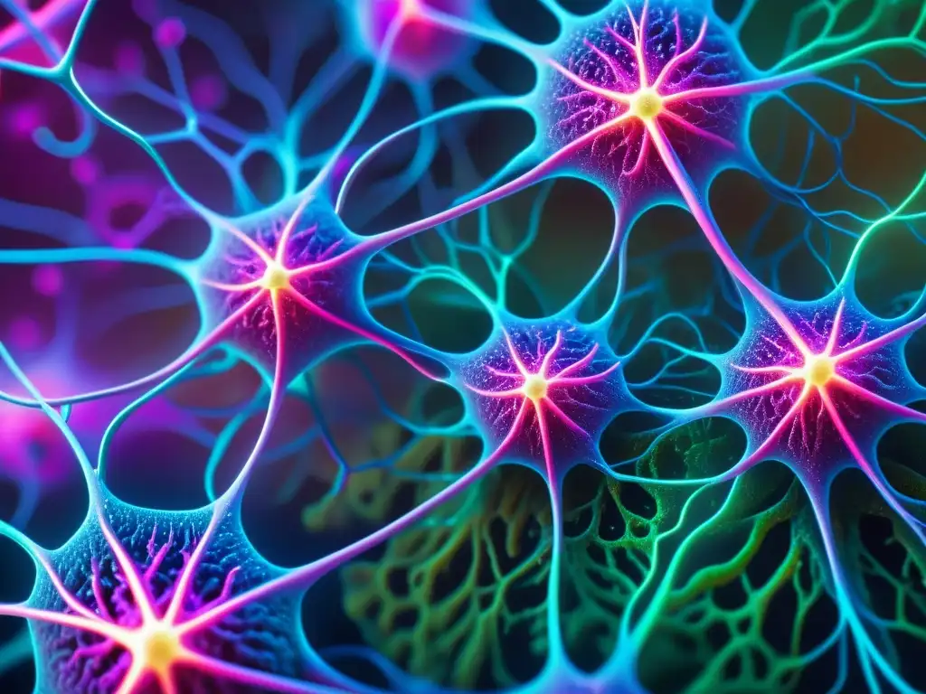 Vibrante red de neuronas e células inmunes en arte abstracto, mejora inmunidad salud mental