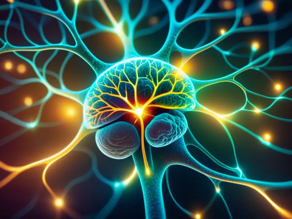 Conexiones neurales y sistema inmunológico: una sinfonía visual Vibrante red de neuronas con pulsos eléctricos, rodeadas de sistema inmunológico, conexión ansiedad sistema inmunológico