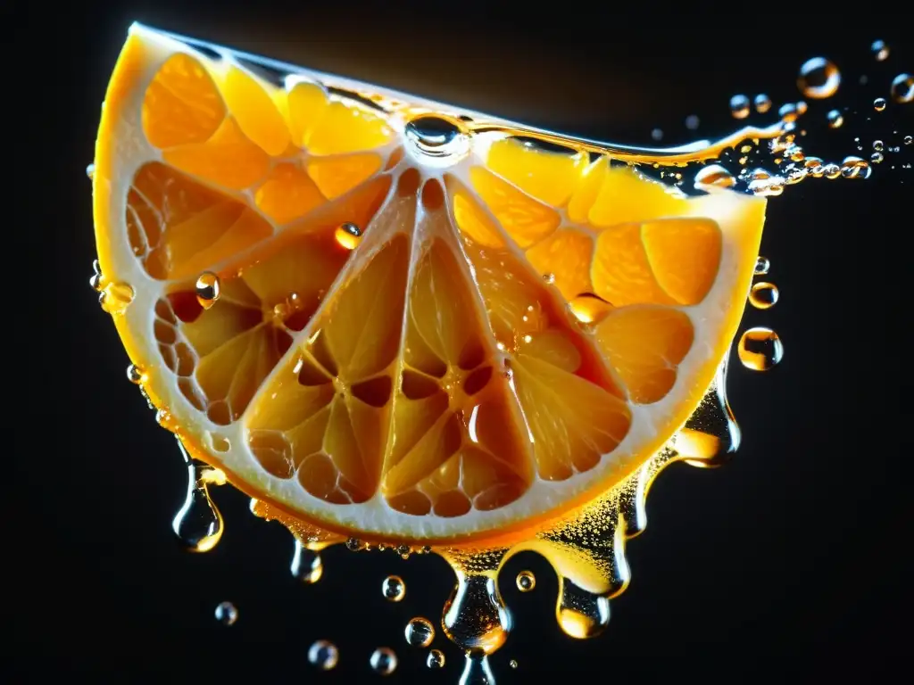 Vibrante rodaja de naranja exprimida con gotas de jugo de vitamina D, creando una escena dinámica y cautivadora