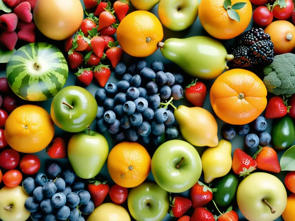 Exuberante exhibición de frutas y verduras frescas para la inmunidad Vibrante selección de frutas y verduras frescas, perfectas para potenciar la inmunidad de los niños con vitaminas naturales
