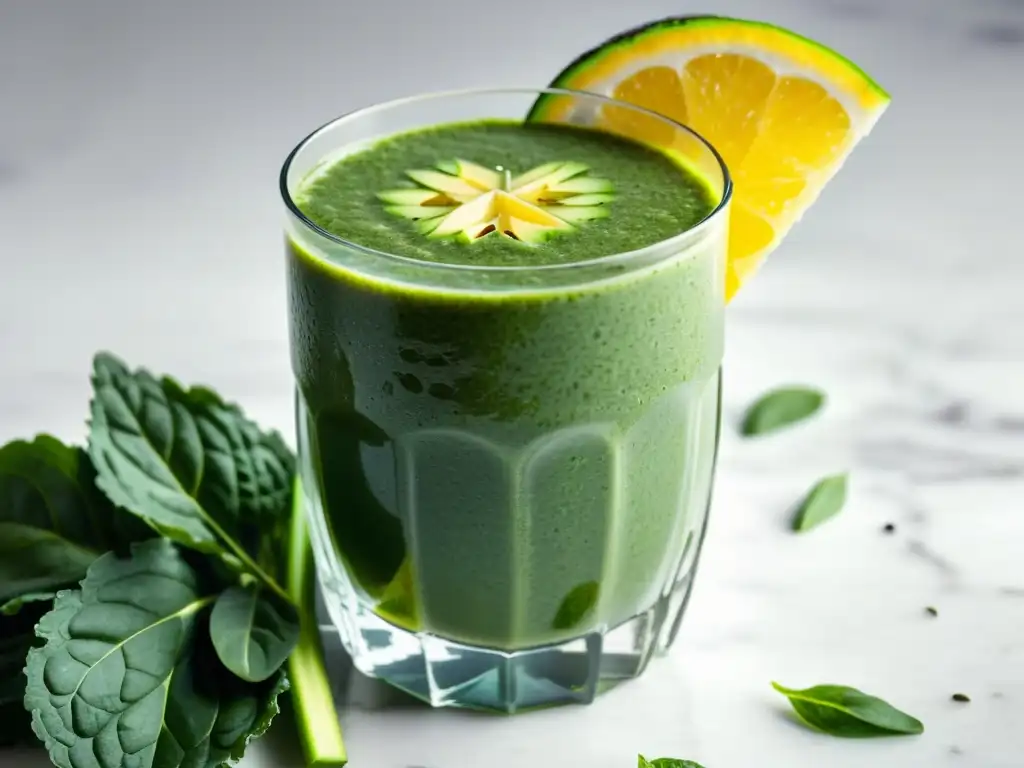 Smoothie verde ultra vibrante con limón y semillas de chía Un vibrante smoothie verde con kale, espinaca y aguacate, decorado con limón y semillas de chía, resalta la frescura y nutrientes