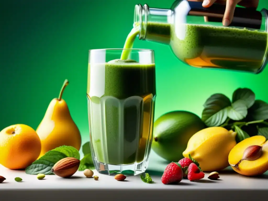 Deliciosa y Colorida Jarra de Batido Verde con Frutas y Semillas Vibrante smoothie verde con frutas, nueces y semillas, creando una conexión entre la ansiedad y el sistema inmunológico
