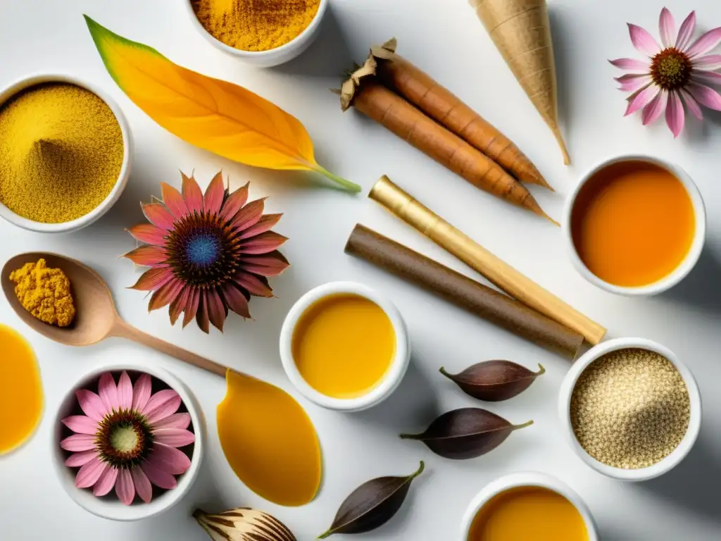 Suplementos naturales para la inmunidad: detalle vibrante Vibrante surtido de suplementos naturales para fortalecer el sistema inmunológico en elegante superficie blanca, resaltando su belleza natural