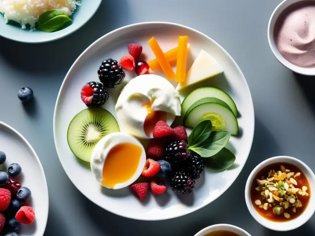 Alimentos probióticos: una explosión de color y sabor Una vibrante y variada selección de alimentos ricos en probióticos para sistema inmune, presentados de forma apetitosa en un elegante plato blanco
