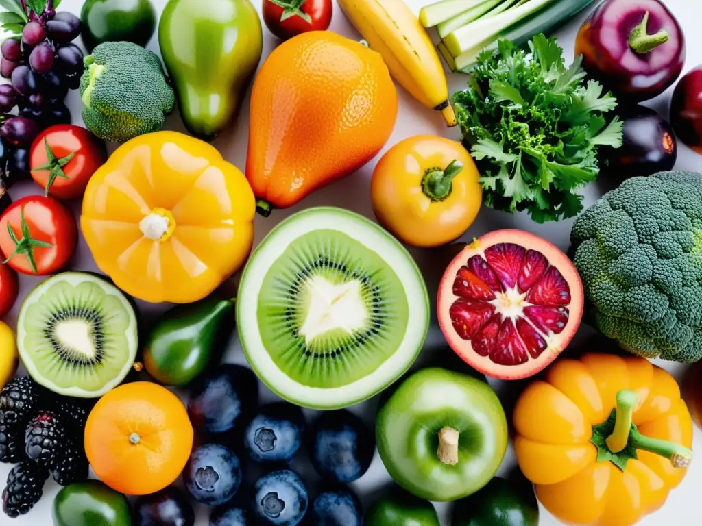 Vibrante variedad de frutas y verduras en patrón simétrico