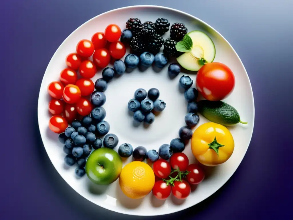 Vibrante variedad de frutas y verduras en un plato blanco, nutrición para fortalecer sistema inmunológico