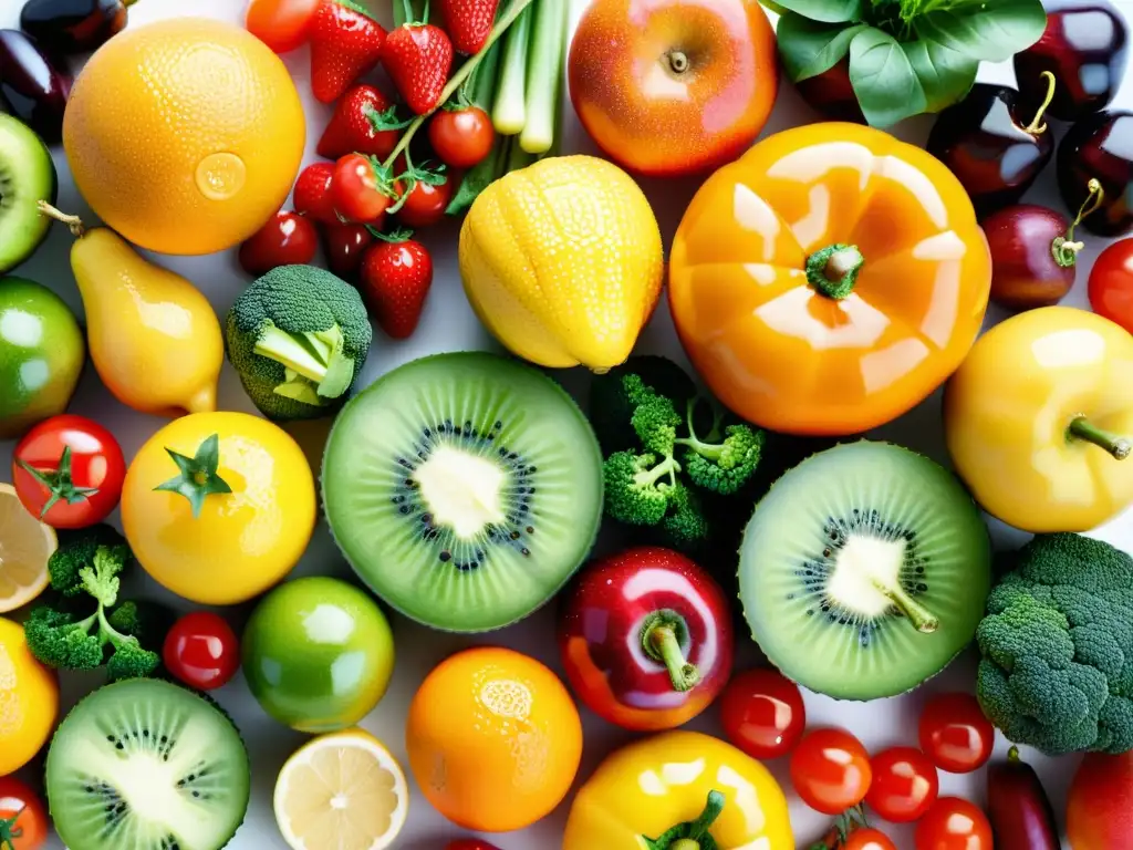 Vibrante variedad de frutas y verduras frescas en patrón detallado