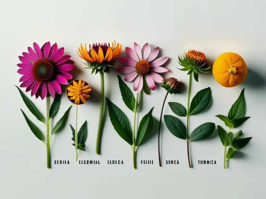 Herbolaria: Detalles Vibrantes de Echinacea, Jengibre, Cúrcuma y Saúco Vibrante variedad de hierbas medicinales frescas como equinácea, jengibre, cúrcuma y saúco, dispuestas de forma elegante en fondo blanco, con gotas de agua, y etiquetadas con tipografía moderna