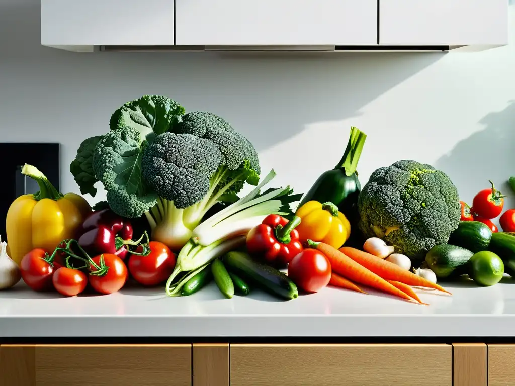 Variedad de alimentos frescos y orgánicos en cocina moderna Vibrante variedad de verduras orgánicas y proteínas magras en una cocina moderna