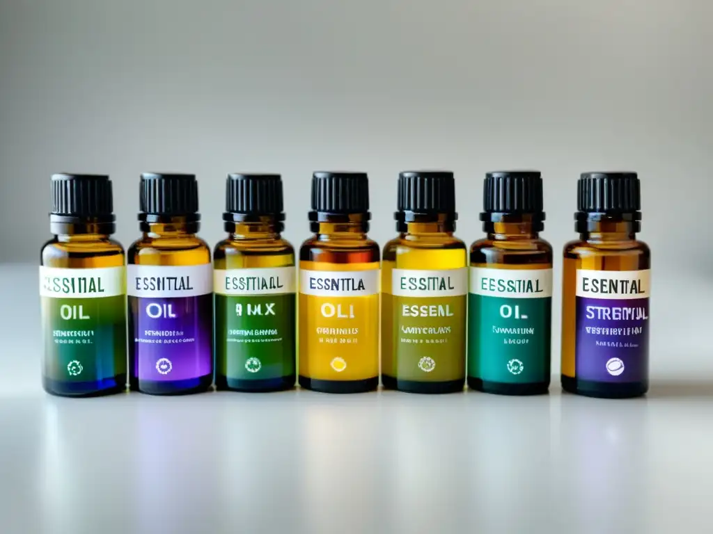 Vibrantes aceites esenciales en elegantes frascos sobre superficie blanca, transmitiendo beneficios para el sistema inmunológico