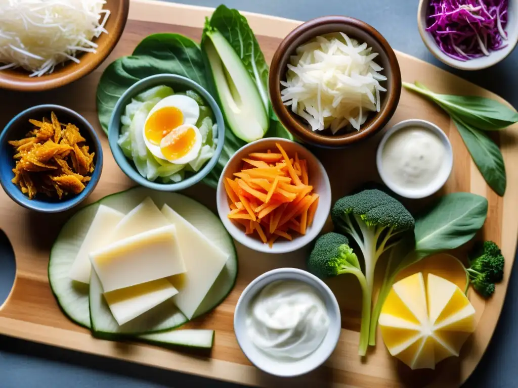 Deliciosos alimentos fermentados: probióticos naturales Vibrantes alimentos fermentados en madera, resaltando beneficios probióticos para sistema inmune