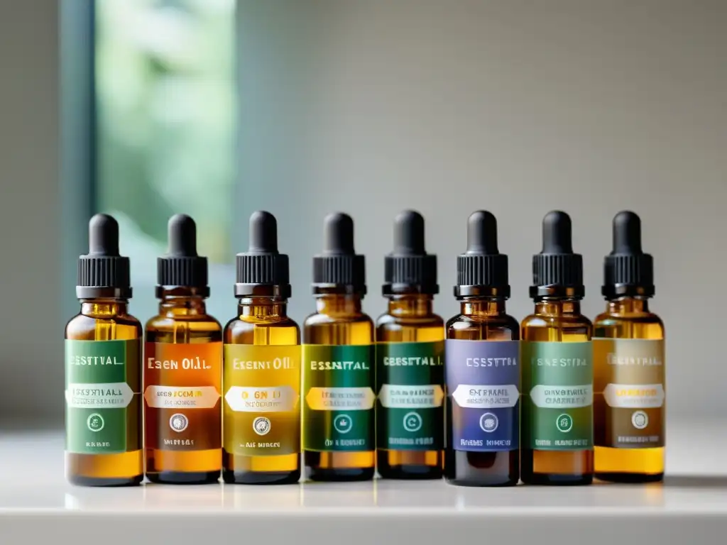 Botellas de aceites esenciales en 8k: elegancia natural Vibrantes botellas de aceites esenciales rodeadas de hierbas frescas, iluminadas por luz natural en un moderno mostrador blanco
